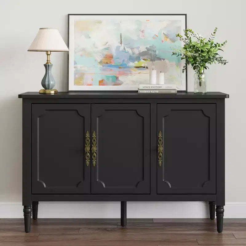 Heynemo Storage Cabinet with 3 Doors, Mid-Century Sideboard Cabinet with Adjustable Shelves, Wood Buffet Cabinet with Turned Legs, Black