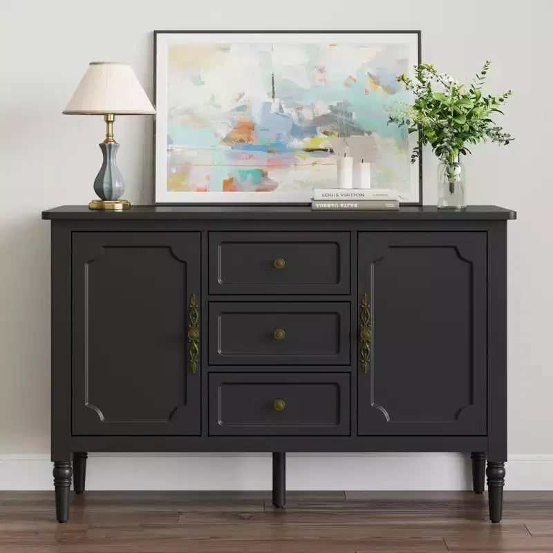 Heynemo Storage Cabinet with 2 Doors & 3 Drawers, Mid-Century Sideboard Cabinet with Adjustable Shelves, Wood Buffet Cabinet with Turned Legs, Black