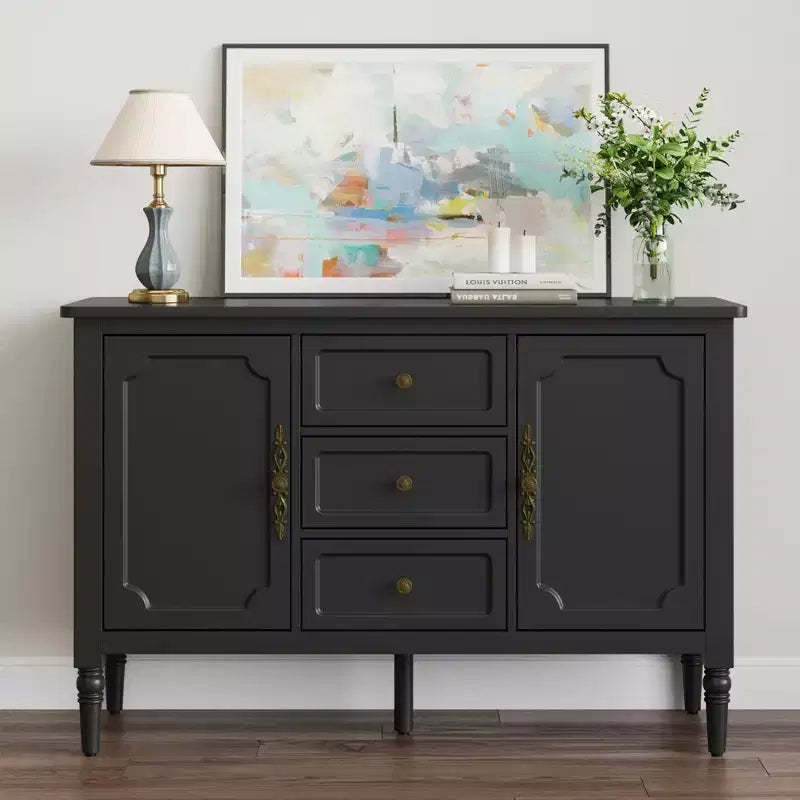 Heynemo Storage Cabinet with 2 Doors & 3 Drawers, Mid-Century Sideboard Cabinet with Adjustable Shelves, Wood Buffet Cabinet with Turned Legs, Black