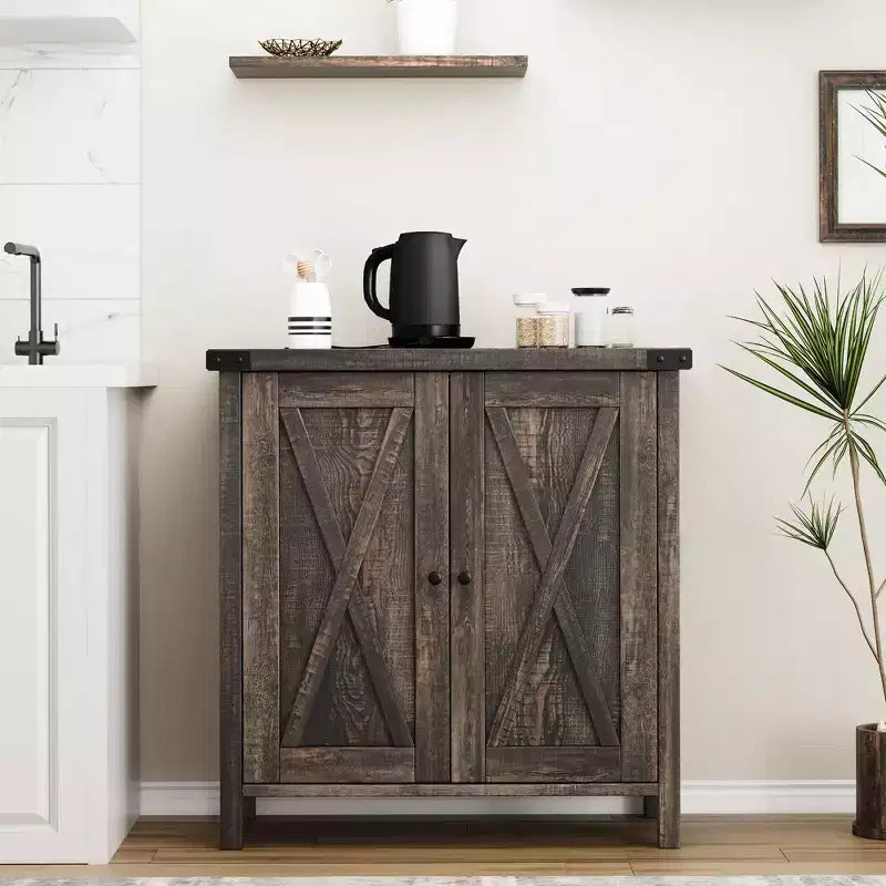 Sideboard, Farmhouse Buffet Cabinet with Adjustable Shelf - Barn Doors Wood Storage Table, Coffee Bar Station for Kitchen Dining Living Room
