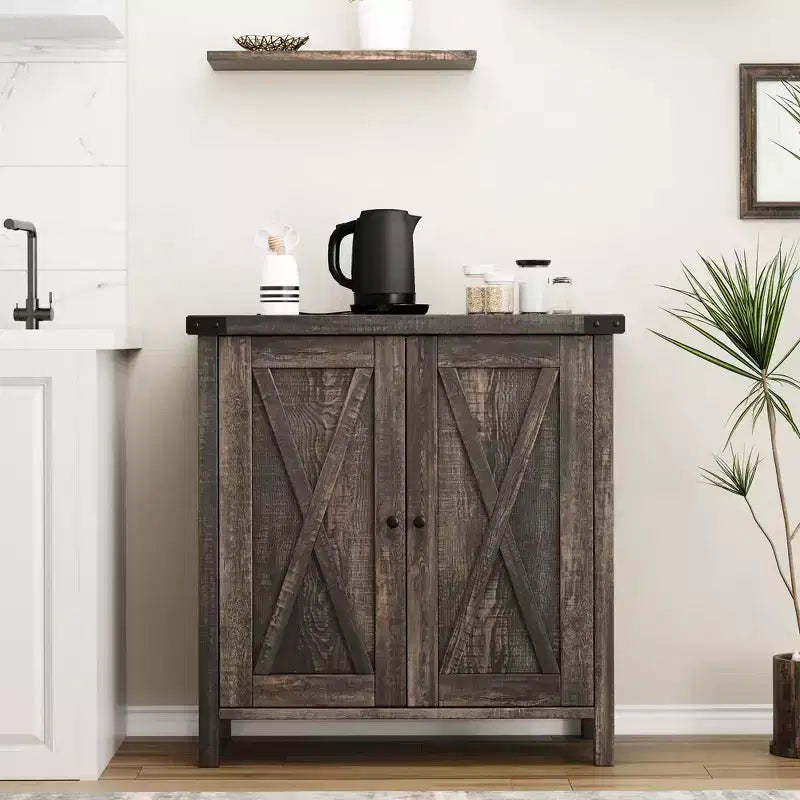 Sideboard, Farmhouse Buffet Cabinet with Adjustable Shelf - Barn Doors Wood Storage Table, Coffee Bar Station for Kitchen Dining Living Room