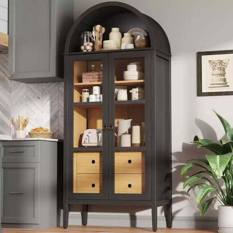 AMERLIFE 71 Tall Arched Storage Cabinet with Glass Doors & Drawers for Living Room