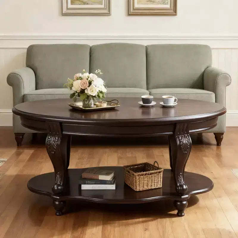 Hostack 42'' oval wood coffee table with 2-Tiers and Open Storage Shelf for Living Room, Espresso