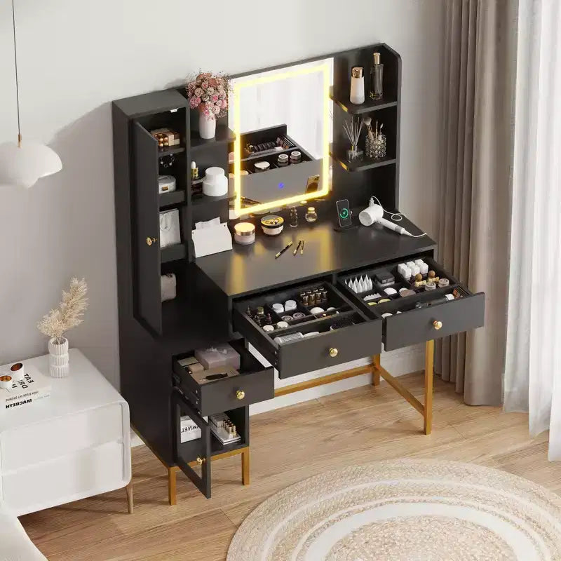COZONY Makeup Vanity Desk with Mirror & Lights - Vanity Table with 3 Color Modes, Charging Station & Stool