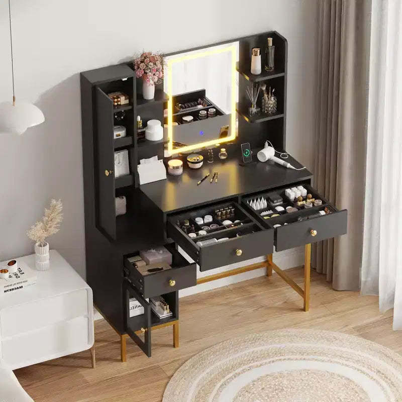 COZONY Makeup Vanity Desk with Mirror & Lights - Vanity Table with 3 Color Modes, Charging Station & Stool