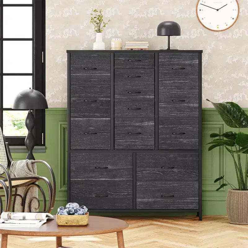 Wooden Fabric Chest of Drawers Large Wardrobe Storage Cabinet with Metal Frame for Living Room Bedroom 100 x 30 x 123 cm Black