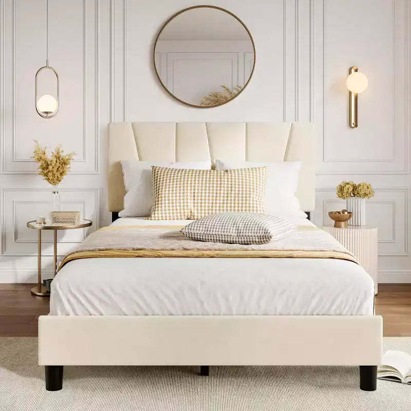 Bed Frame, Upholstered Full Size with Adjustable Headboard - Velvet Tufted Platform Bedframe, No Box Spring Needed, Beige