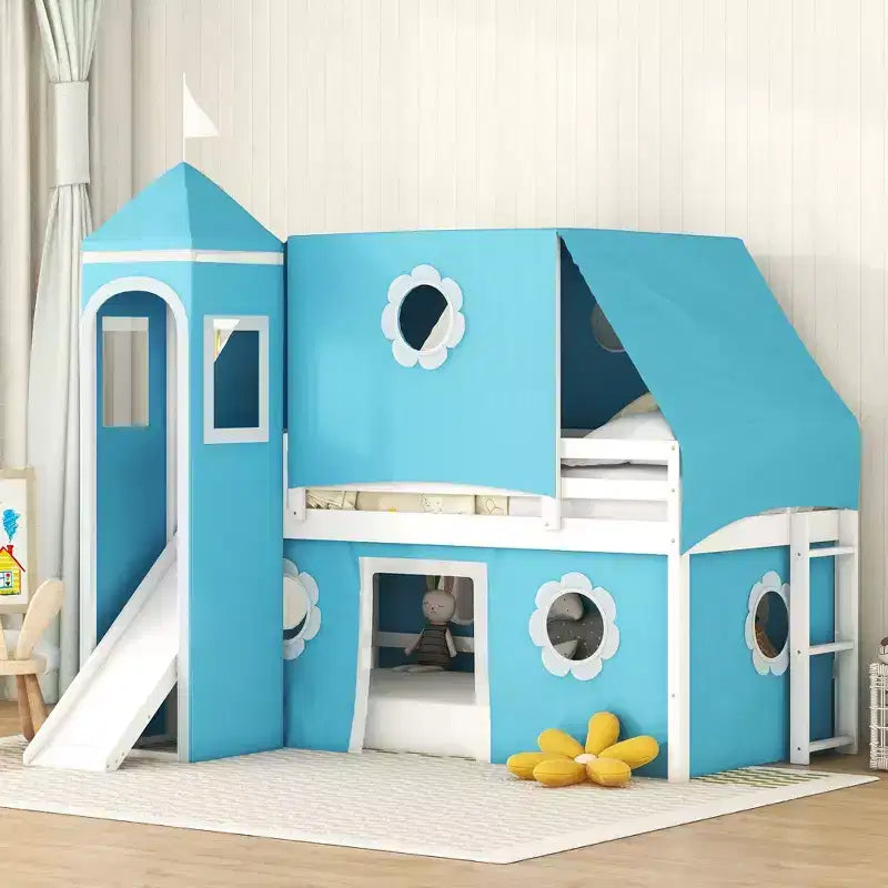 Low Loft Bed Twin Size with Slide and Storage Stairs, Wood Plyhouse Loft Bed with Tent & Tower for Boys & Girls