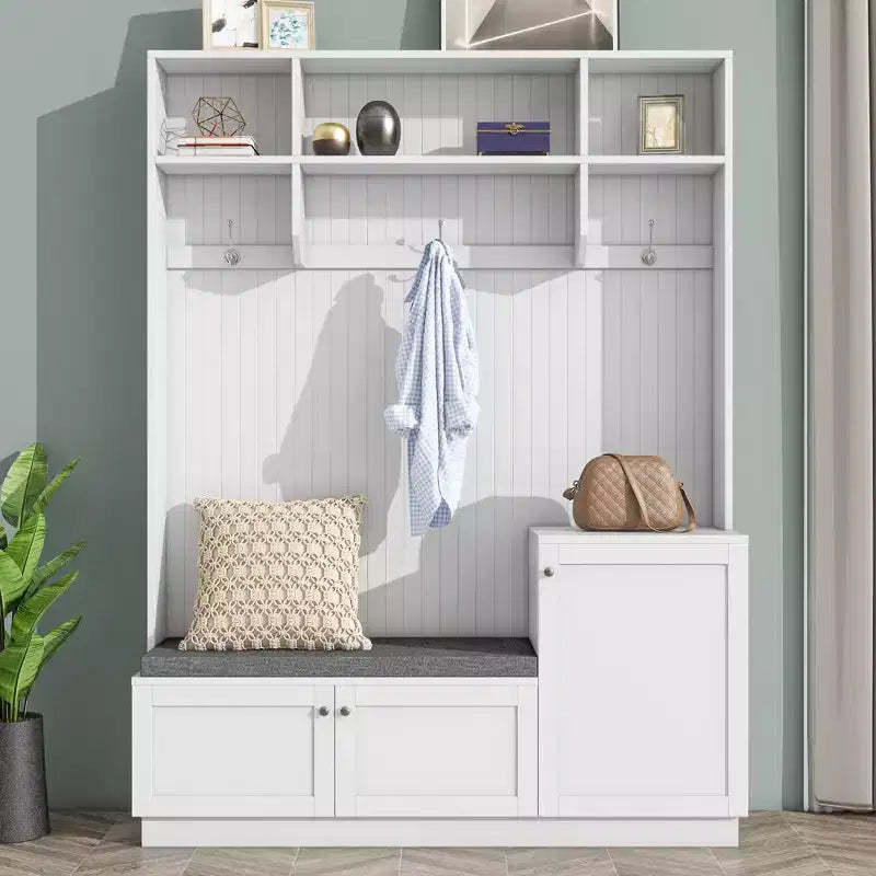 CLIHOME Elegant Design Hall Tree Coat Rack with Hooks , Functional Hallway Shoe Cabinet with Bench Cushion