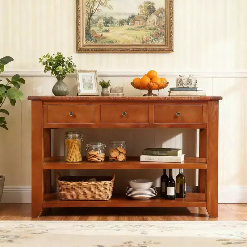 Hostack 48 Modern Solid Wood Top Console Table with 3 Storage Drawers and 2 Shelves, Brown