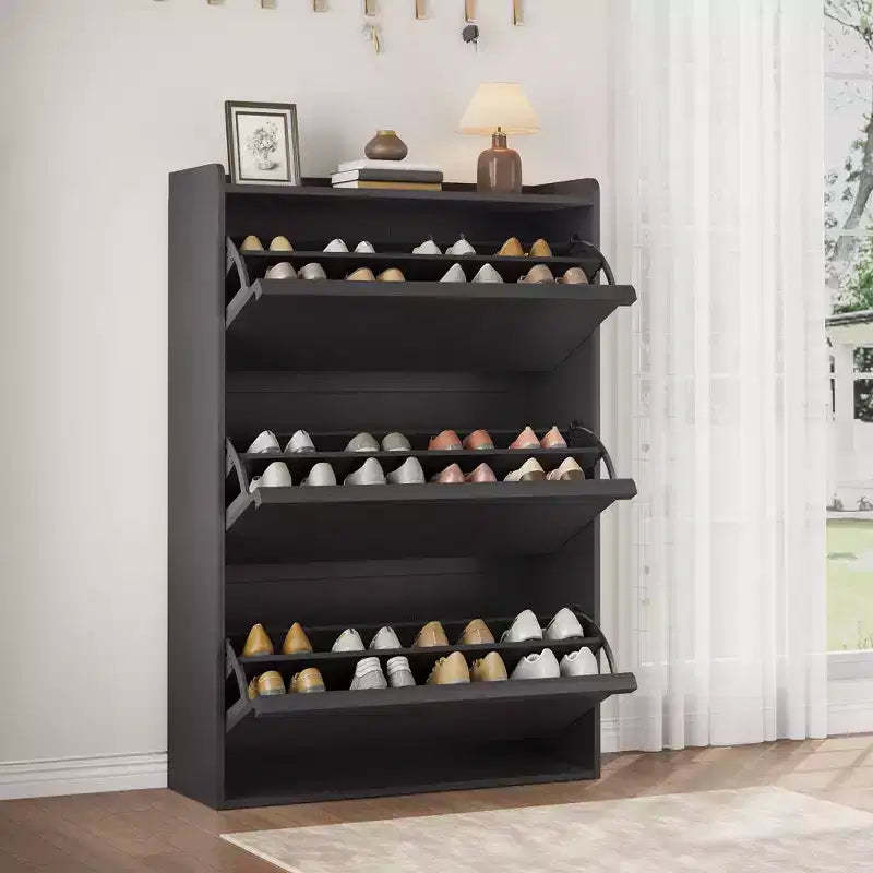 Shoe Cabinet, 3 Flip Drawers - Modern Entryway Shoe Storage Organizer, Narrow Wooden Rack with Adjustable Shelves, Space-Saving, Black