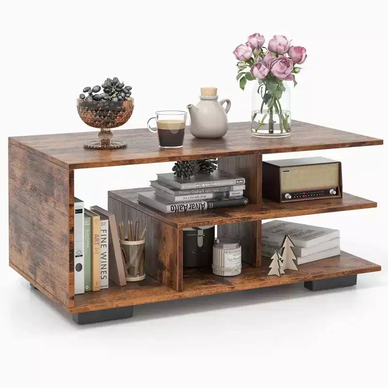 Costway Coffee Table w/ L-shaped Middle Shelf for Living Room Rustic Brown