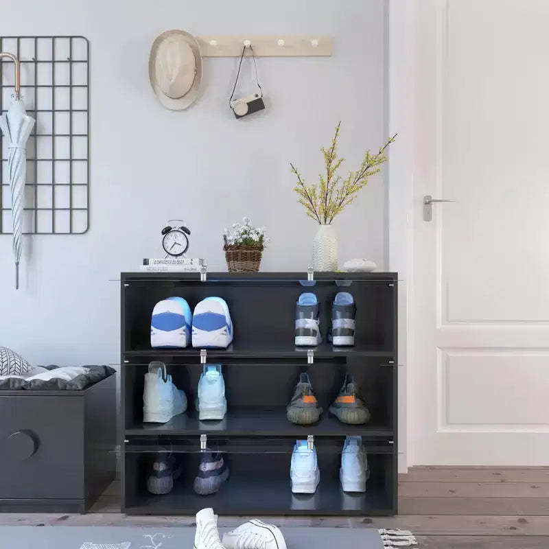 Okak Shoe Cabinet with Three Glass Doors, Shoe Storage with Metal Handle, Shoe Cabinet Storage for Entryway, Living Room
