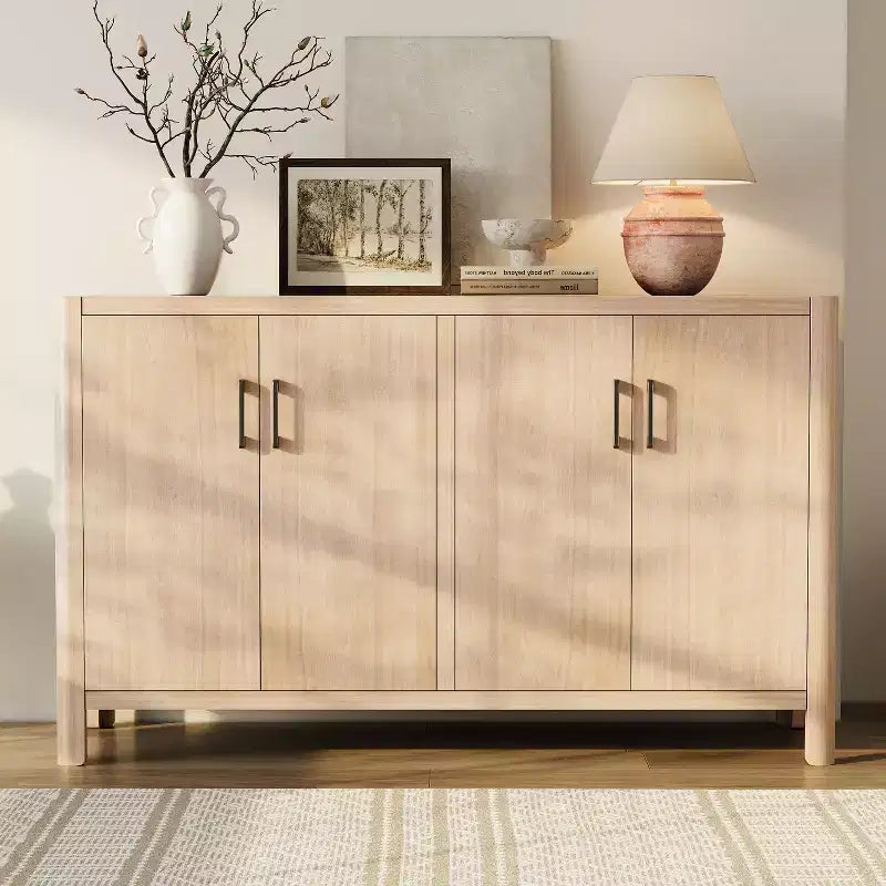 Okak 4-Door Entryway Cabinet with Natural Distressed Finish, Kitchen Pantry Cabinet, Storage Cabinet for Entryway, Living Room
