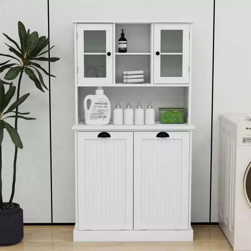 Okak Tall Cabinet Storage Cabinet with Tilt-Out Dirty Laundry Basket, Storage Cabinet with 2 Adjustable Shelves and Doors for Living Room