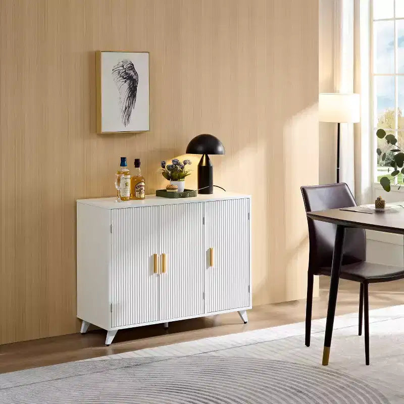 Okak Modern Sideboard Cabinet with Wavy Texture, Buffet Cabinet with 3 Doors, Storage Cabinet for Living Room, Dining Room, Kitchen, White