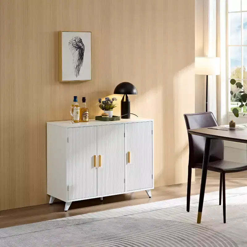 Okak Modern Sideboard Cabinet with Wavy Texture, Buffet Cabinet with 3 Doors, Storage Cabinet for Living Room, Dining Room, Kitchen, White