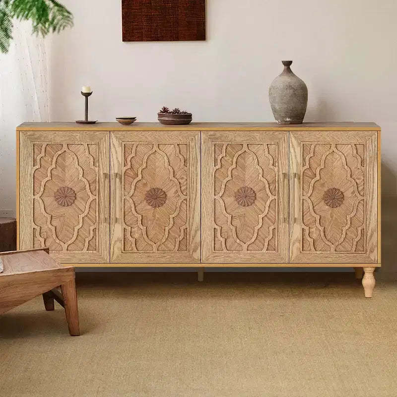 Okak Storage Cabinet with Carved Flower Door, Entryway Cabinet with Metal Handle Sideboard Cabinet for Living Room