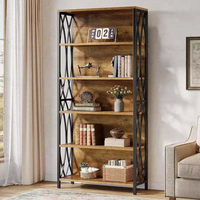 Lantine 70.87 Industrial Bookshelf, 6-Tier Bookcase with Geometric Metal Frame & Open Storage Shelves for Home Office, Living Room, Brown