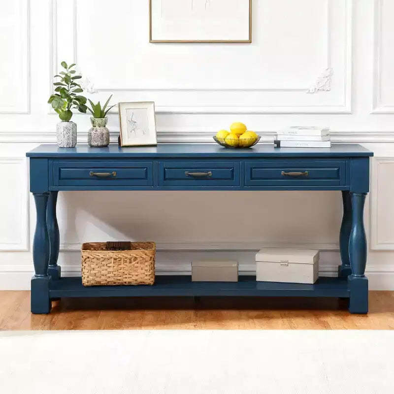 Hostack 63'' Long Wood Console Table with 3 Drawers and 1 Bottom Shelf for Entryway and Hallway, Navy Blue