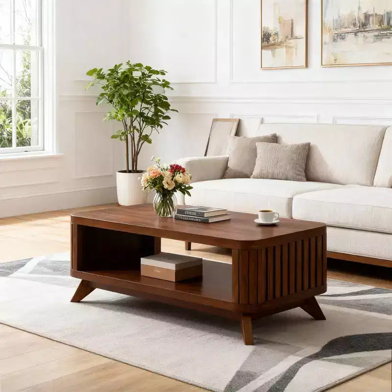 Hostack 41.5 Wood Coffee Table with Solid Wood Legs and Open Storage Shelf for Living Room, Espresso