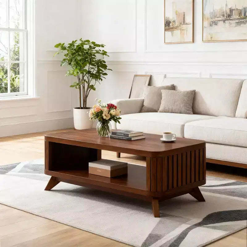 Hostack 41.5 Wood Coffee Table with Solid Wood Legs and Open Storage Shelf for Living Room, Espresso