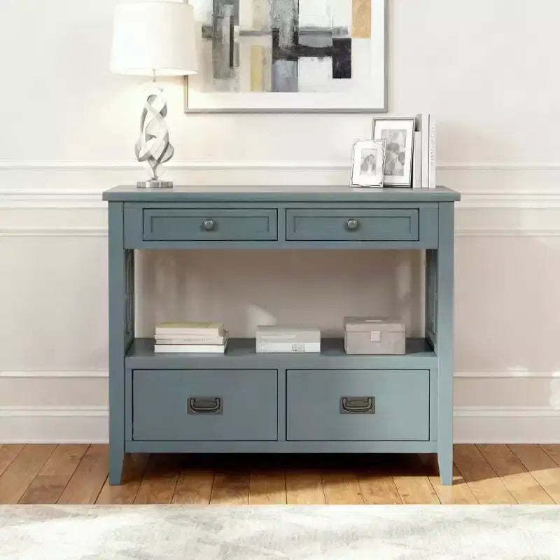 Hostack 36'' Farmhouse Wood Console Table with 4 Drawers and 1 Storage Shelf for Entryway and Living Room , Blue