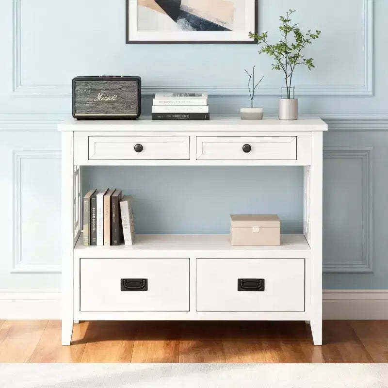 Hostack 36'' Farmhouse Wood Console Table with 4 Drawers and 1 Storage Shelf for Entryway and Living Room , Antique White