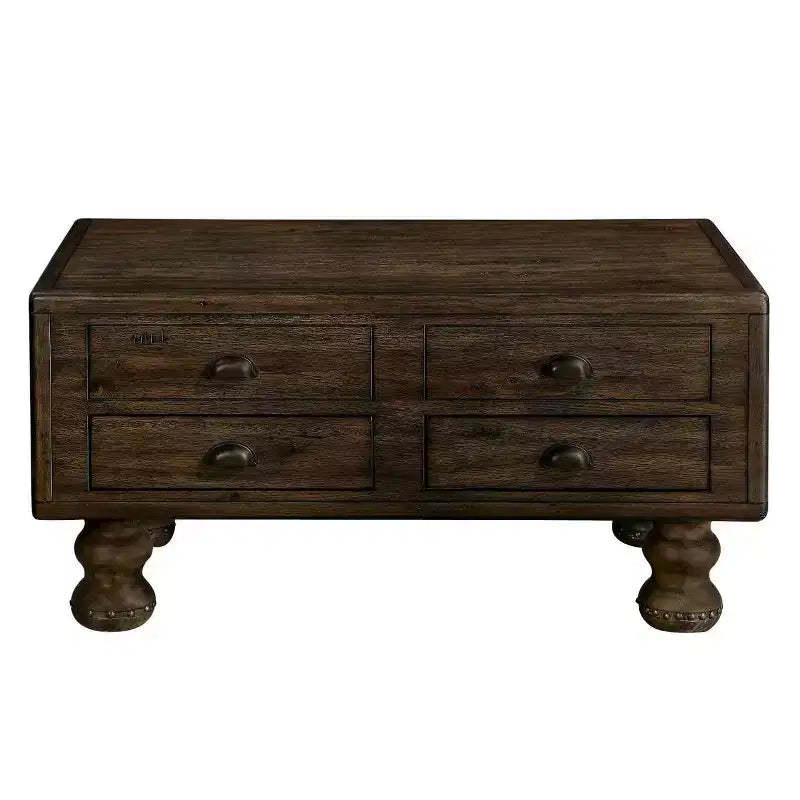 Hostack 40'' Wood Coffee Table with 4 Drawers and Rivet Decoration Legs for Living Room, Easy Assembly, Espresso