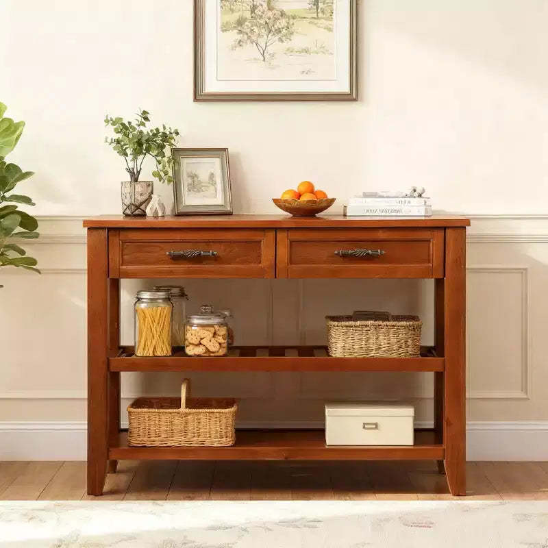 Hostack 42'' Console Table with 2 Storage Drawers and 2 Tiers Shelves for Living and Dining Room, Brown