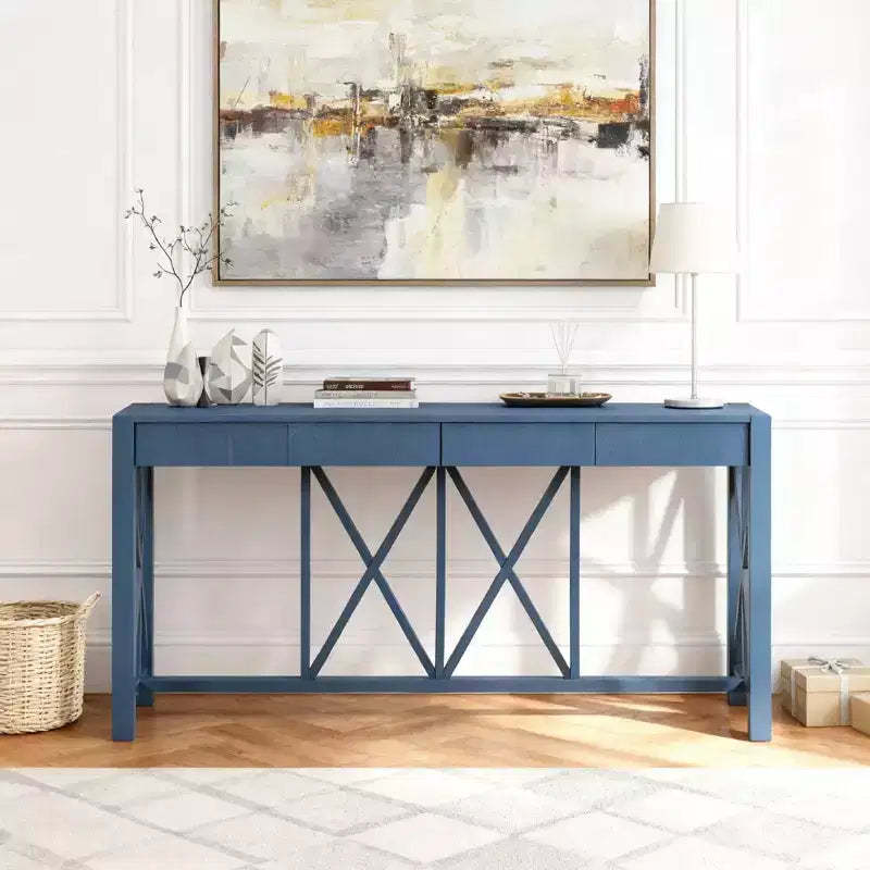 Luxystar 60'' Console Table with 4 Spacious Drawers, Open Bottom Storage for Living Room and Hallway, Navy Blue
