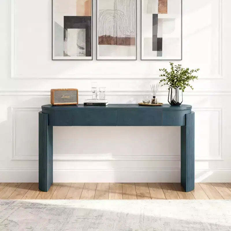 Luxystar Console Table with Natural Wood Grain Finish, Oval Top and 2 Drawers for Entryway and Living Room, Navy