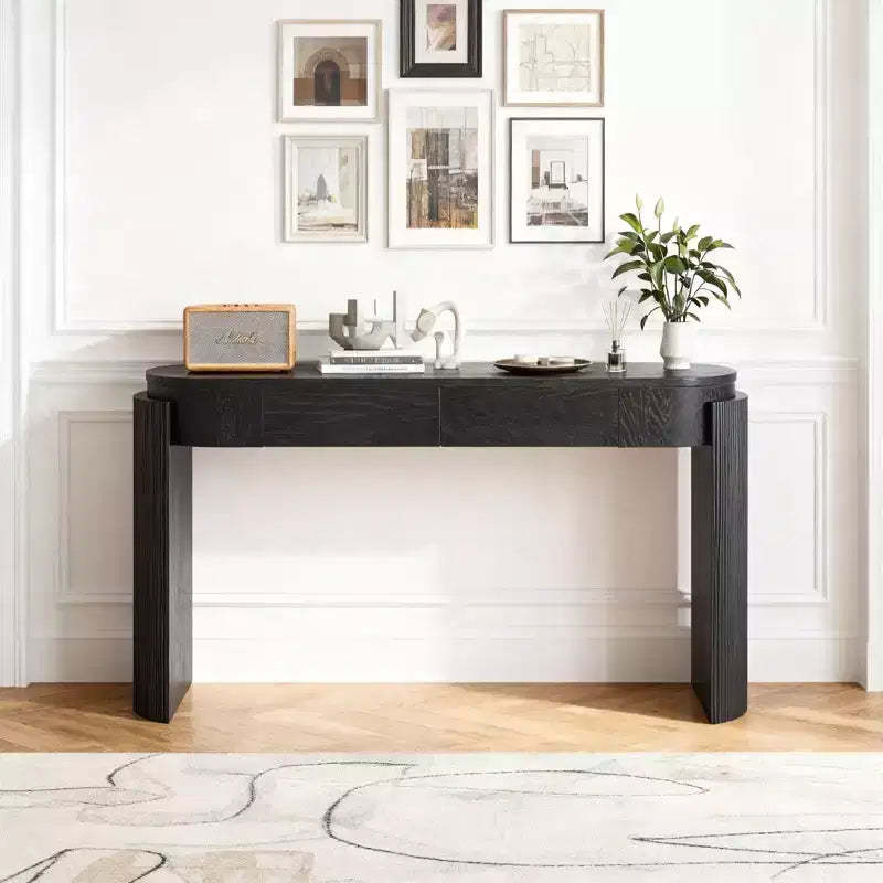 Luxystar Console Table with Natural Wood Grain Finish, Oval Top and 2 Drawers for Entryway and Living Room, Black