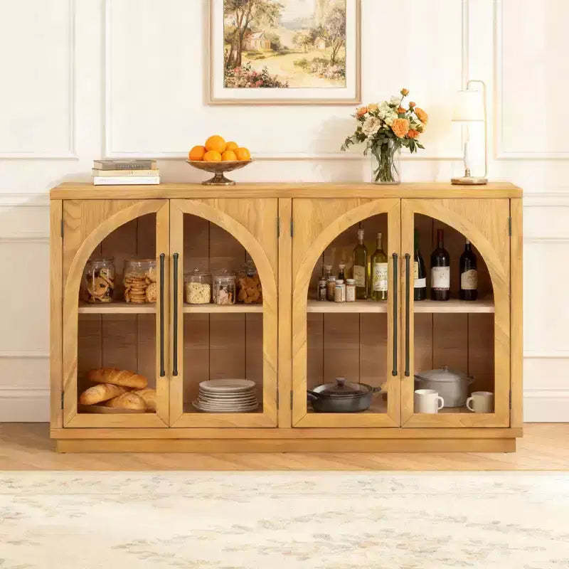 Luxystar 4-Door Sideboard Buffet Cabinet with Large Storage, Glass Doors and Adjustable Shelves for Dining and Living Room, Natural Wood