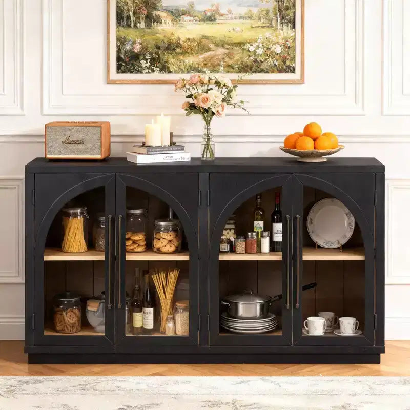 Luxystar 4-Door Sideboard Buffet Cabinet with Large Storage, Glass Doors and Adjustable Shelves for Dining and Living Room, Black