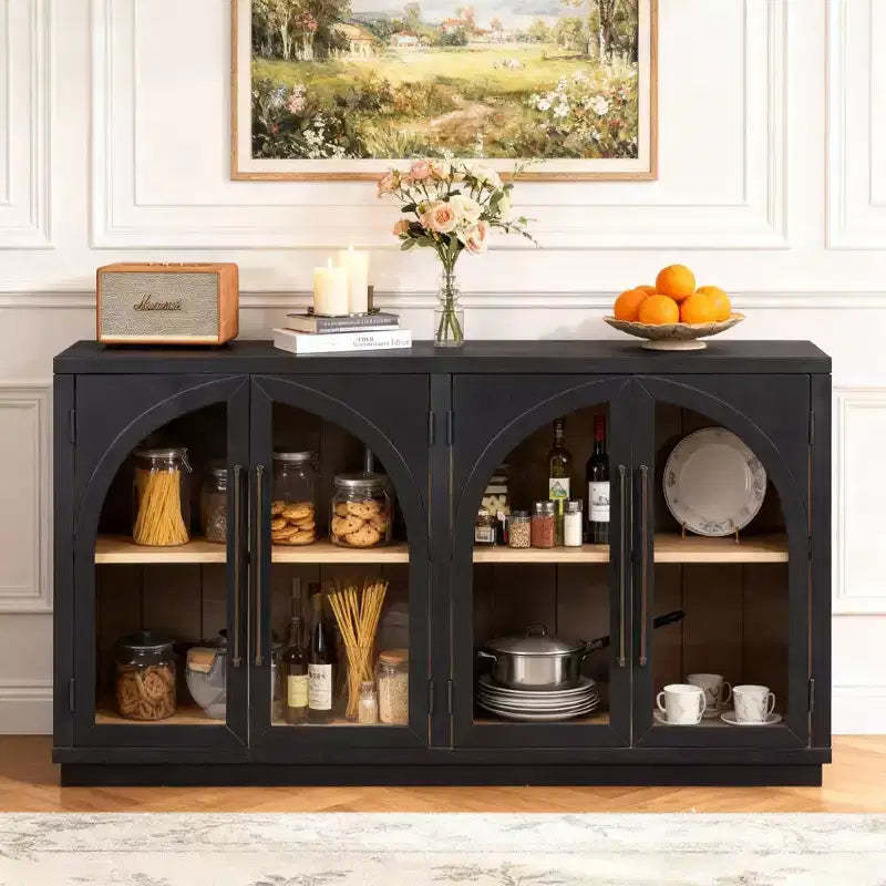 Luxystar 4-Door Sideboard Buffet Cabinet with Large Storage, Glass Doors and Adjustable Shelves for Dining and Living Room, Black