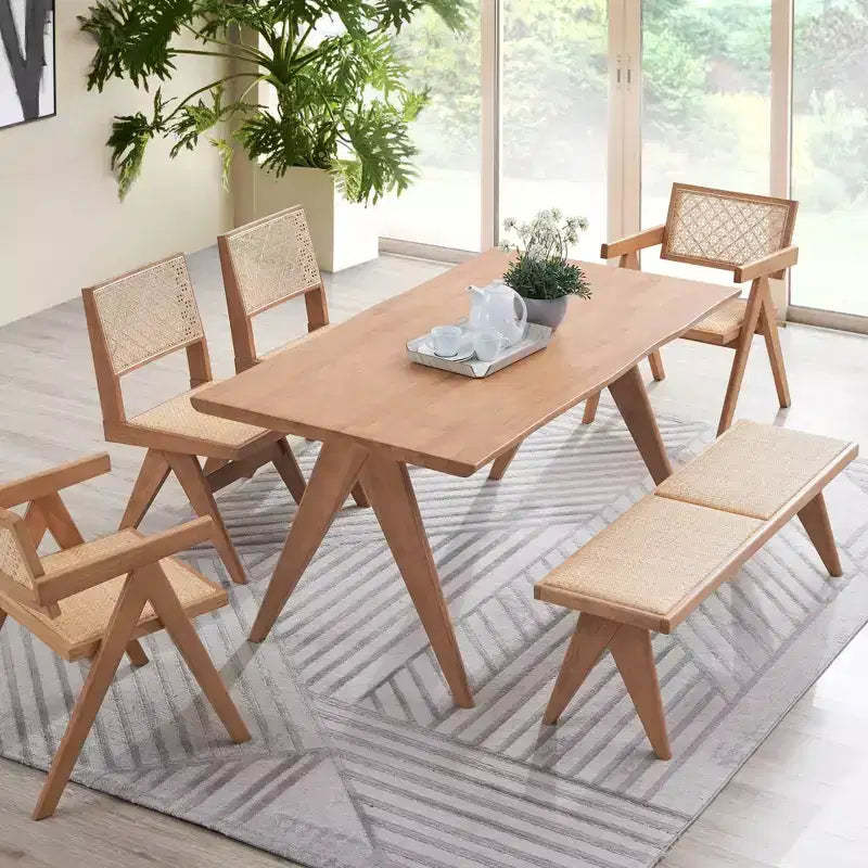 GDFStudio Stilwell Modern 6Pcs Wood and Rattan Upholstered Dining Table Set