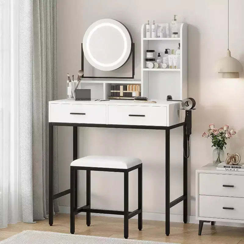 Dressing Vanity Table with Adjustable Rotating Mirror, Storage Shelves, 2 Drawers and Matching Stool
