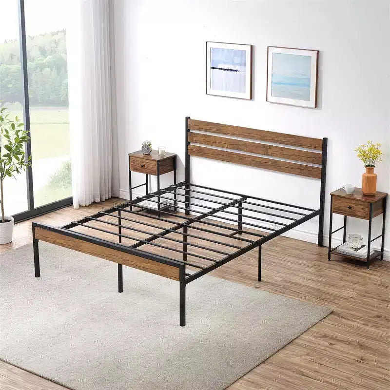 Queen Size Bed Frame with Wood Headboard, Platform Bed Frame Queen Size with Storage