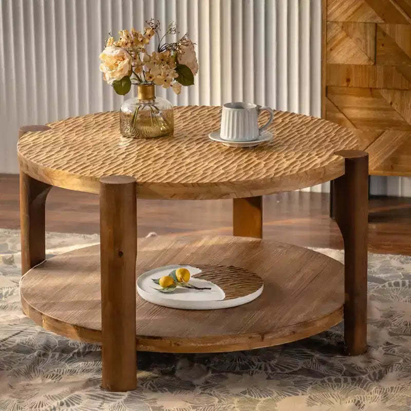 Mid Century Round Coffee Table with Storage, 2-Tier Solid Wood Sofa Table Center Table Accent Table, Natural - ModernLuxe