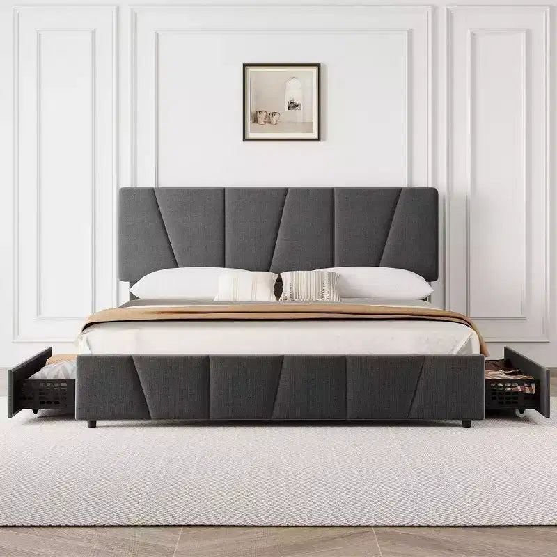 King Bed Frame, Platform Bed with Adjustable Headboard - 4 Storage Drawers, Velvet Upholstered Tufted, No Box Spring Needed, Grey