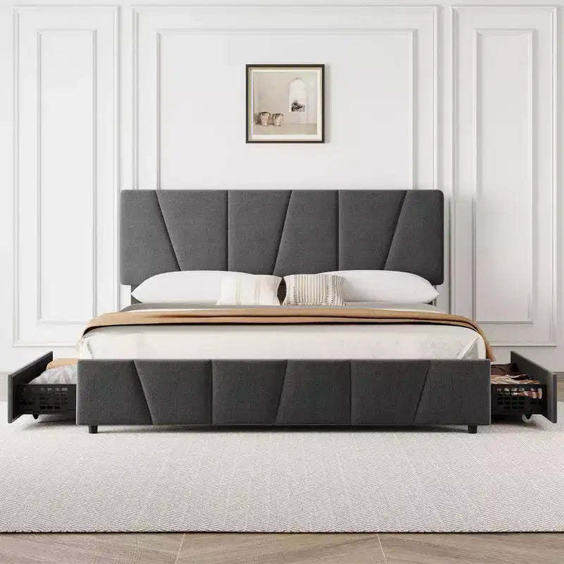 King Bed Frame, Platform Bed with Adjustable Headboard - 4 Storage Drawers, Velvet Upholstered Tufted, No Box Spring Needed, Grey