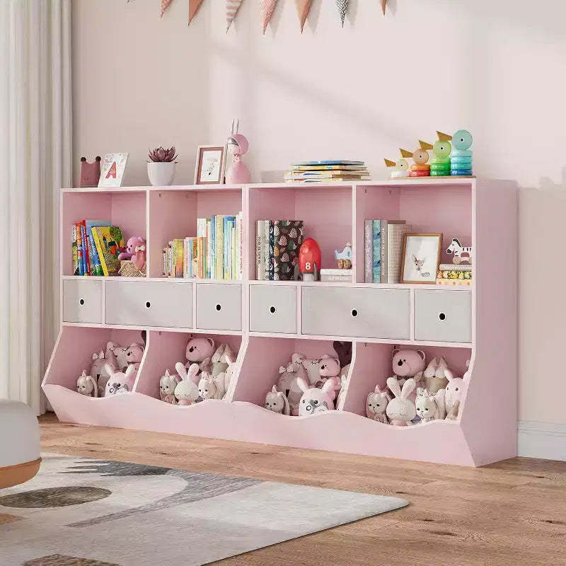 Acekool 7-Cubby Kids Toy Storage Organizer, 3-Tier Bookcase Cabinet with 3 Drawers, Large Wooden Bookshelf, 2 Set Pink