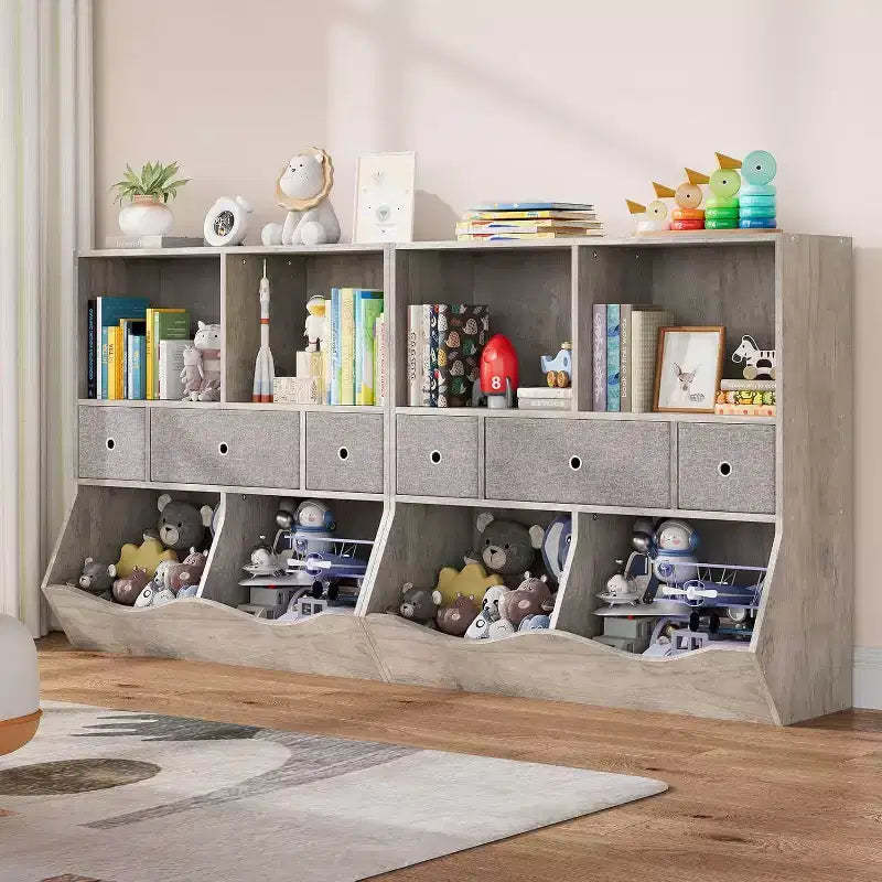 Acekool 7-Cubby Kids Toy Storage Organizer with Drawers, 3-Tier Bookcase Cabinet for Playroom, Living Room, School, 2-Pack, Gray