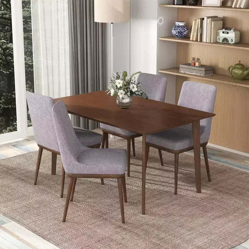 5-Piece Mid-Century Solid Wood Dining Set  Walnut Brown Stain, Beveled Edge Table & 4 Chairs, Seats 4