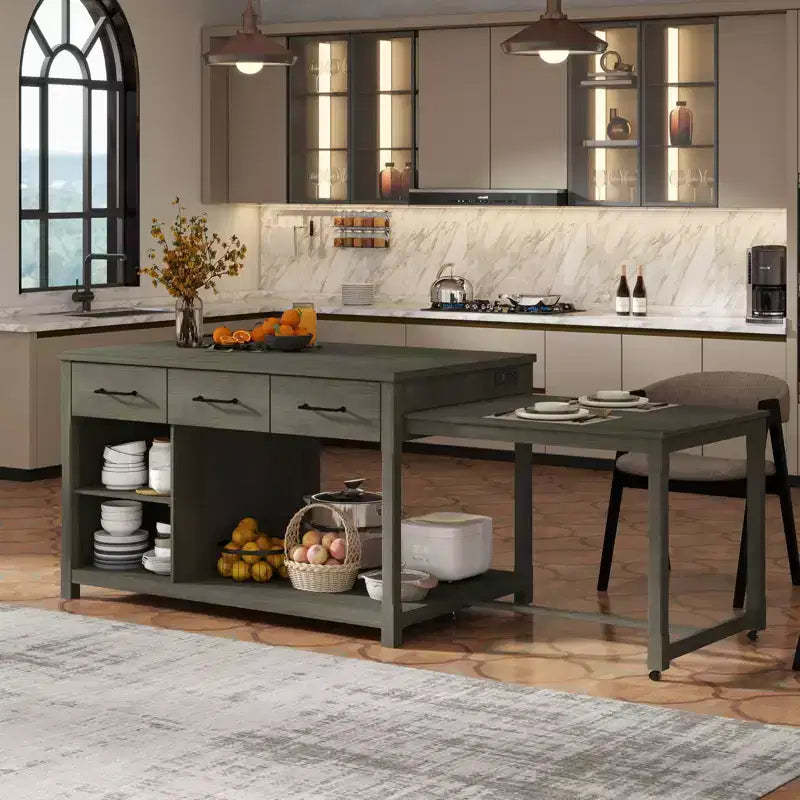 Extendable Kitchen Island with Storage and Power Outlets, Multi-Functional Retro Kitchen Cart on Wheels with Drawers and Open Shelves,Gray