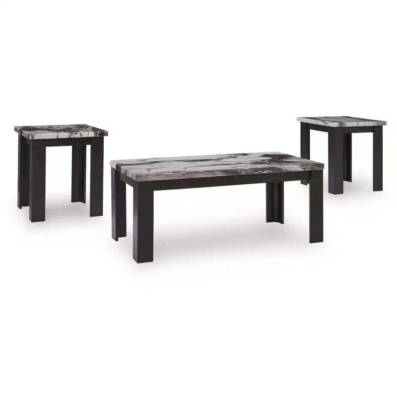 Signature Design by Ashley Jazmore 3-Piece Coffee Table Set with End Tables - Dark Brown/Faux Marble Finish