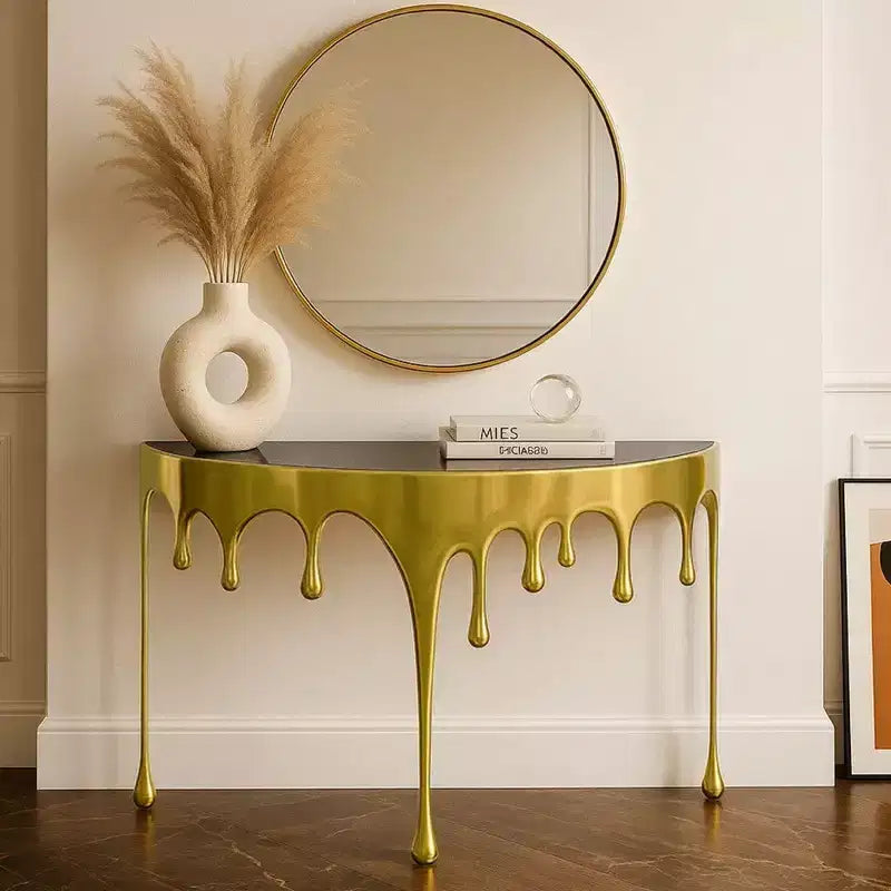 Royal Hampton Sofa Console Table | 36.25 Half Moon Glass Top | Melting Drip Design | Aluminum Cast