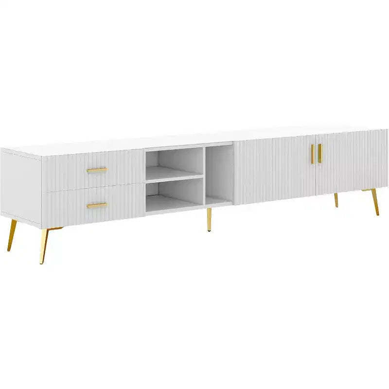 Acekool Modern TV Stand with 4 Hidden Storage Spaces, 3 Open Shelves & 2 Drawers, Supports TVs up to 77, White with Champagne Legs