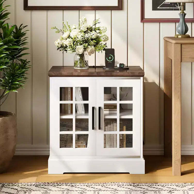 25Modern White MDF End Table Nightstand with Charging Station, Adjustable Glass Door, and Storage, Compact and Functional Bedside Table for Bedroom